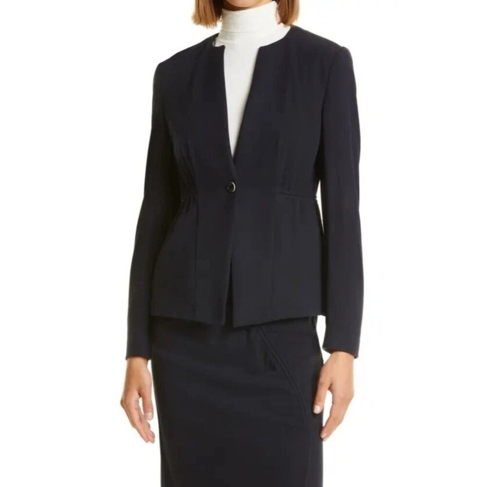 BOSS Skirt Suit Set Womens 4 Navy Blueโ Jekari Knit Jacket Ruched Skirt Workwear